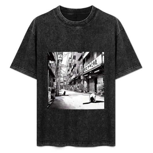 Cats in Tokyo Streets T-Shirt (Oversized, Blue, Designer)